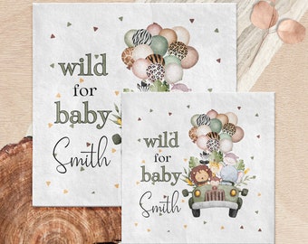 Serviettes de table personnalisées pour baby shower | Baby Shower sur le thème de la jungle Safari | Décoration de table Safari | Décoration de fête personnalisée | Fête prénatale dans la jungle