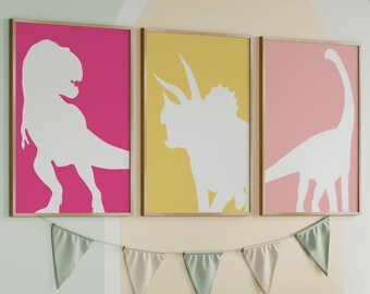Pink and Yellow Dinosaurs Print set of 3 | Girls Room Dinosaur Decor | Toddler Girl Wall Art | Silhouette Dino Printable Art | Digital