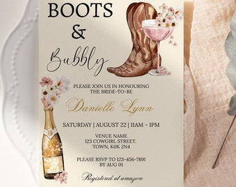 Country Western Bridal Shower Themed Invitation Template - Boots and Bubbly | Cowgirl Boots and Flowers Bridal Brunch Invite | DIY Invites