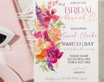 Bright Floral Bridal Brunch Invitation | Orange and Prink Bridal Shower Invite | Citrus Bridal Lunch |Mediterranean Theme Pink Orange Brunch