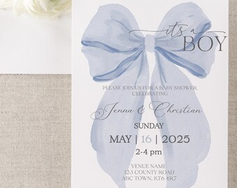 May include: A blue watercolor bow with the text "it's a boy" on a white card. The card also includes the text "Please join us for a baby shower celebrating Jenna & Christian Sunday May 16, 2025 2-4 pm Venue Name 123 County Road ABC Town, KT6 4R7 RSVP to Jessica 123-456-7891 registered at babylist.com"