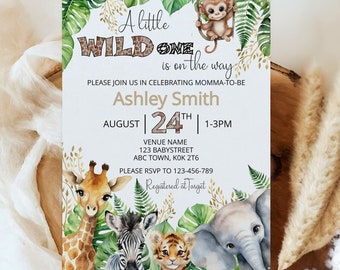 Invitación de Safari Baby Shower - Un pequeño salvaje está en camino / Editar en casa Plantilla imprimible de bricolaje