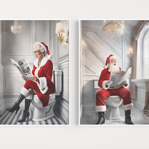Mr and Mrs Claus Bathroom Art Prints | Printable Santa and Mrs Claus Sitting on Toilet | Funny Holiday Bathroom Art | Bathroom Decor