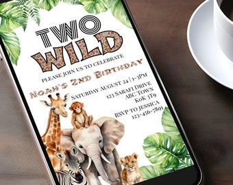 Fiesta de cumpleaños de Two Wild Safari - Invitación a fiesta por mensaje de texto / Evites de segundo cumpleaños editables en la jungla / Invitación al zoológico de Safari móvil