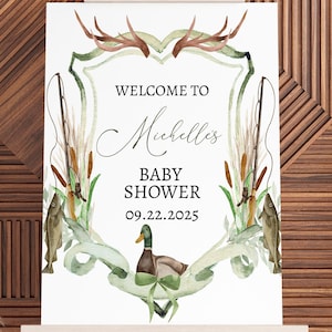 Panneau de bienvenue modifiable pour baby shower A Little Hunter | Poster de bienvenue de baby shower de canard colvert | de pêche au chevreuil | 18x24 20x30