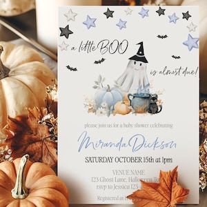 Editable Blue A Little Boo is almost due | Boy Baby Shower Invitation | Halloween Ghost Baby Shower Invite Template | digital Invite