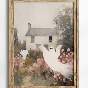 Vintage Halloween Oil Painting | Printable Ghost Art | Cute Halloween Ghost Decor | Vintage Ghost Prints | Haunted House | Ghost in Flowers