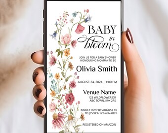 Baby in Bloom Baby Shower Phone Evite | Wildflower Text Message Invite | Downloadable Baby Shower Electronic Invites