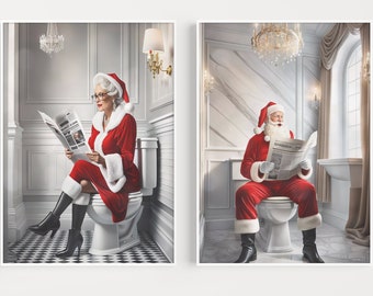 May include: Two framed prints depict Santa Claus and Mrs. Claus in a bathroom setting. Both are dressed in red suits with white trim and hats, reading newspapers while seated on toilets. The bathrooms feature chandeliers and elegant decor.
