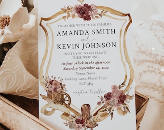 Rustic Country Western Wedding Invitation - Ranch style Wedding Template | Cowboy Boots and Floral Double Sided Invite