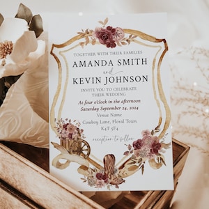 Rustic Country Western Wedding Invitation - Ranch style Wedding Template | Cowboy Boots and Floral Double Sided Invite