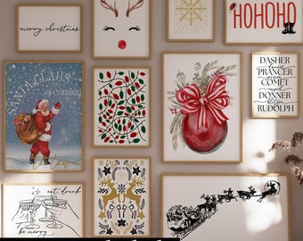 May include: A set of 20 printable Christmas-themed illustrations. The prints feature a variety of designs, including Santa Claus, reindeer, a Christmas tree, a bow, and a snowflake. The prints are perfect for adding a festive touch to your home decor.