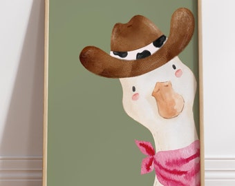 Arte de parede de pôster com impressão de ganso bobo | Impressões de arte de berçário de cowboy | Impressões de parede ilustradas | Impressão de ganso bobo | Arte de parede de sala de jogos de quarto infantil