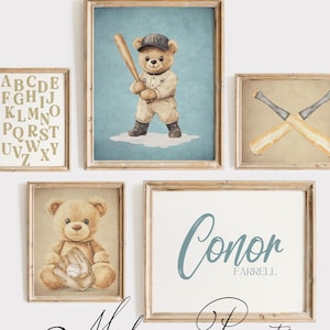 Vintage Boys Nursery Gallery Wall Set of 5 | Baseball Nursery Prints | Printable Kids Playroom Decor | Baby Boy Nursery Blue Wall Art