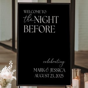 GEDRUCKT + VERSAND Probeessen Willkommensschild, Die Nacht vor dem Schild, Modernes minimalistisches Hochzeitsschild, Schwarz-Weiß-Hochzeitsbeschilderung