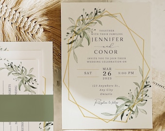 Eucalyptus Greenery Wedding Invitation Suite Templates | Editable Wedding Set | Printable invite rsvp details card | DIY