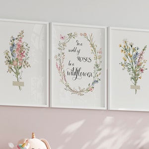 Wildflower meisjeskamer kunst aan de muur | Wilde bloemenafdrukken | Bloemenkwekerij | Boho babymeisje kinderkamer | Waterverf | Wees een wilde bloem | Afdrukbare kunst