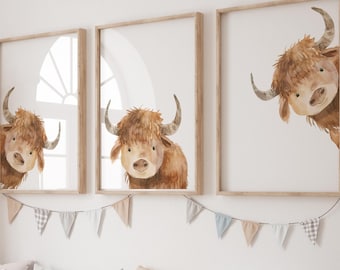 Peeking Highland Cow Nursery Print set of 3 | Highland Cow Nursery Decor |  Cow Gift Kids  Bedroom Wall Decor | Watercolor Cow Digital Print