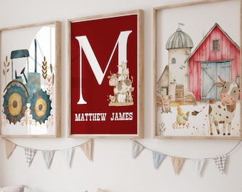 Personalized Farm Nursery Prints set of 3| Rustic Barnyard Wall Decor | Kids Farmhouse Gallery Wall Print | Cow Chicken Tractor print