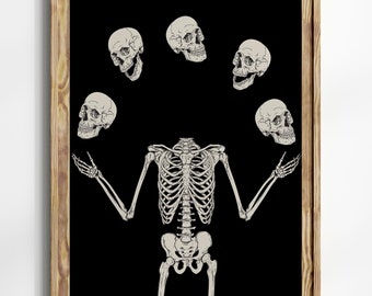 Impresiones artísticas divertidas de esqueletos de Halloween / Póster de esqueleto imprimible / Imprimibles de Halloween / Esqueleto sin cabeza haciendo malabarismos / Decoración de pared de Halloween