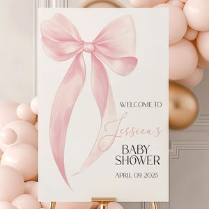 Babyparty Willkommensschild Rosa Schleife - Bearbeitbare Vorlage - Kokette Thema Dusche - Es ist ein Mädchen-Babypartydekor - 18x24, 20x30 | BBS-01