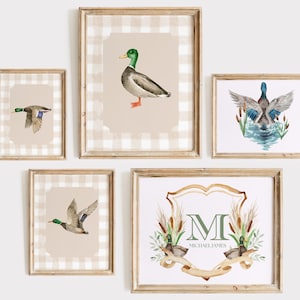 Mallard Duck wall art | Personalized Duck Monogram wall art | Baby Boy Nursery Print Gingham Wall Art | Boy Duck Hunting Decor | Set of 5