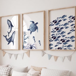 Ozean Tiere Aquarell Malerei 3 Drucke Set | Unter dem Meer-Kinderzimmer | Blauwal Art Print, Nautisches Dekor | Unter dem Meer Drucke
