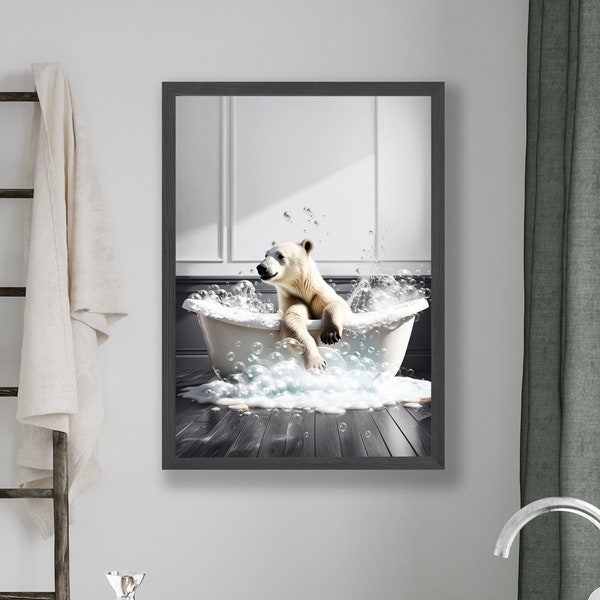 Baby Polar Bear In A Vintage Bathtub | Photo Print Unframed | Animal In Bathtub | Animal Bathroom Art | Kids Bathroom Art Print
