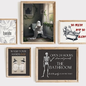 Halloween bathroom wall art | wash your hands sign | Ghost on Toilet | funny halloween bathroom art | skeleton in tub | Halloween wall decor