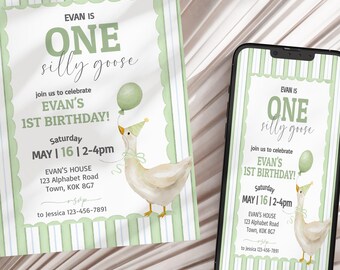 Editable One Silly Goose Birthday Invitation Template | Goose 1st Birthday | Green Goose Invitation | Boy 1st Birthday Green Invite |Digital