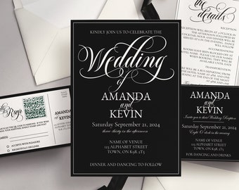 Invitación de boda clásica todo en uno en blanco y negro / Invitación de boda moderna en blanco y negro con guión de caligrafía / Invitaciones elegantes