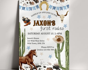 Invitación a la primera fiesta de cumpleaños del vaquero - Tema occidental 'Primer rodeo' - Personalizar e imprimir en casa / Plantillas de invitación de cumpleaños descargables