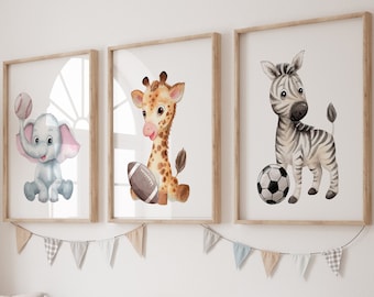 Sports Nursery Decor | Safari Nursery Art | Baby Animals Sports Wall Decor | Football Nursery | Soccer Nursery | Baseball Nursery | Wall Art