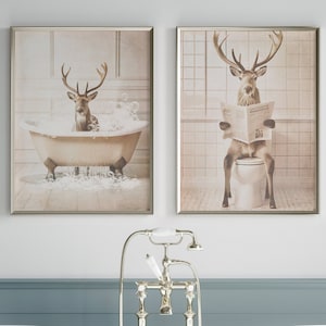 Reindeer Bath Tub Printable Art, Reindeer on Toilet Printable Picture, Bathroom Animals Art Prints, Funny Bathroom Decor, Digital Download