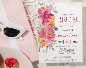Citrus Bridal Brunch Invitation Template | Bright Pink and Orange Floral Bridal Shower Invite | Citrus Theme Bridal Shower | Hot Pink