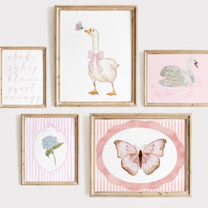 Pink Coquette Girls Room Art Prints Gallery Set of 5 | Hydrangea Coquette Nursery | Goose Butterfly ABC Cute Vintage Wall Art
