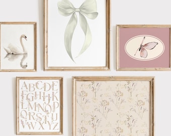 Vintage Girls Room Art Prints | Gallery Set of 5 | White Bow Digital Art Print | Vintage Wildflowers | Nursery Alphabet | Butterfly Nursery