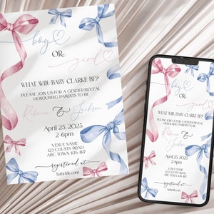 Editable Bow Gender Reveal Invitation Template, boy or girl Invitation, Pink Blue Invitation Mobile Invite, What Will Baby Be Boy Or Girl