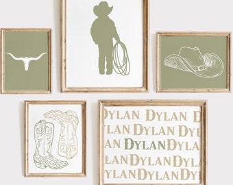 Juego de 5 impresiones de pared de galería para guardería de vaqueros, decoración de habitación infantil verde para niños, decoración de habitación infantil del oeste, arte de pared imprimible de rodeo para bebés.