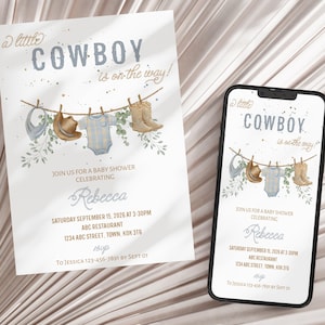 Un piccolo invito per baby shower a tema cowboy / tema western / Baby Sprinkles / modello per baby shower a tema cowboy blu / invito per baby shower a tema rodeo