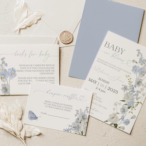 Boy in Bloom Baby Shower Invitation Set, Diaper Raffle Card, Books for Baby - Boy Baby in Bloom Blue Floral Invite Templates-Editable BBS-03