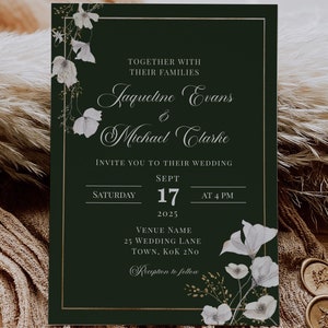 Smaragd Grün und Gold Blumen Hochzeitseinladung Vorlage | Elegante Hochzeit im Grünen lädt ein | Digital einladen | Dunkelgrüne Einladung
