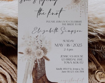 Plantilla de invitación para despedida de soltera con botas de vaquera / Novia campestre / Invitación para despedida de soltera con botas y lazos / Rústica