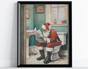 May include: A humorous illustration of Santa Claus sitting on a toilet reading a newspaper. He is wearing a red suit with white trim and a white beard. The bathroom is decorated with a green tiled wall and a window with a view of a snowy landscape.