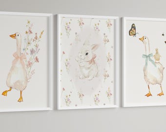 Vintage Coquette Nursery Print Set of Three Kids Room Decor | Baby Girl Bunny Goose Butterfly Floral Nursery | Kids Room Wall Print Set of 3