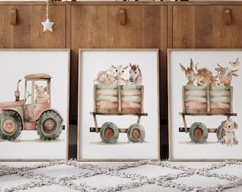 Bauernhof Kinderzimmer Dekor | Kinderzimmer Poster Aufdruck | Bauernhof Tiere Art Prints | Jungenzimmer Wandkunst | Scheune Hoftiere | 3er Set Traktor Traktor Drucke