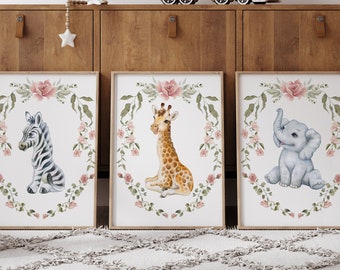 Uroczy dziecięcy safari zwierzęcy wydruk artystyczny do pokoju dziewczęcego | Różowe plakaty ze zwierzętami dżungli | Uroczy słoń żyrafa zebra wydruk artystyczny do pokoju dziecięcego