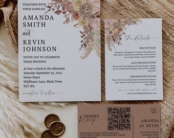 May include: A wedding invitation suite featuring a main invitation, details card, and RSVP card. The design includes floral accents in muted tones and elegant typography. The suite includes the names Amanda Smith and Kevin Johnson.