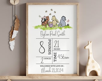Custom Baby Arrival Announcement Sign | Baby Name with Birth Stats Printable | Winnie-the-Pooh Personalized Name Reveal | Nursery Wall Art