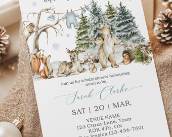 Op de afbeelding: Babyborrel uitnodiging met een winterbos thema. De uitnodiging bevat aquarel illustraties van bosdieren, bomen en sneeuwvlokken. Tekst bevat "adventure awaits" en details voor Sarah Clarke's babyborrel.
